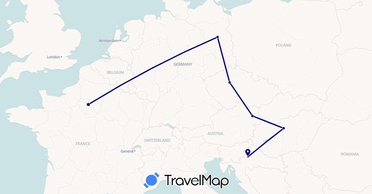 TravelMap itinerary: driving in Austria, Czech Republic, Germany, France, Croatia, Hungary (Europe)